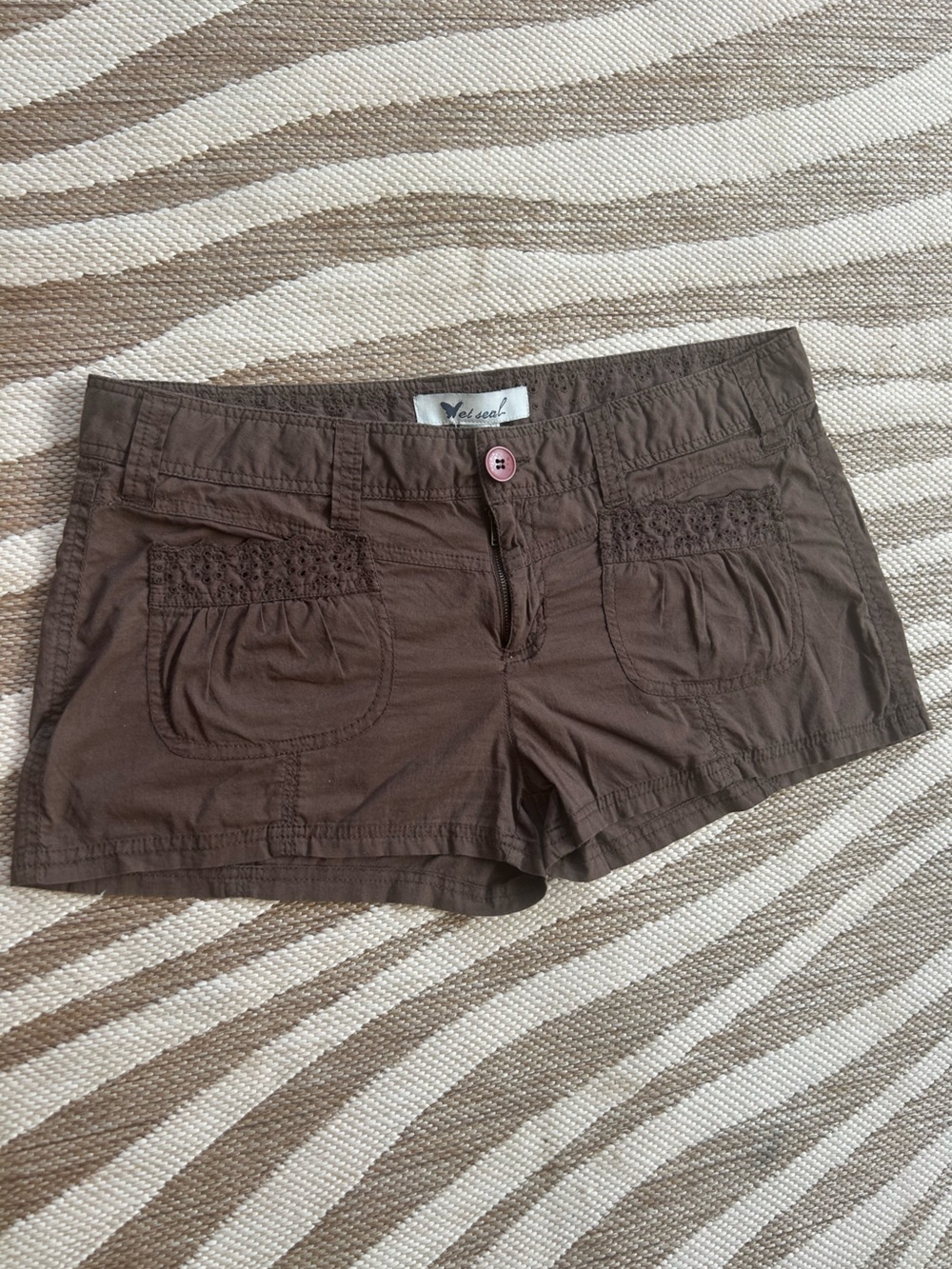 Vintage Wet Seal Brown Crochet Pocket Low Rise Micro Mini  Shorts -100% cotton